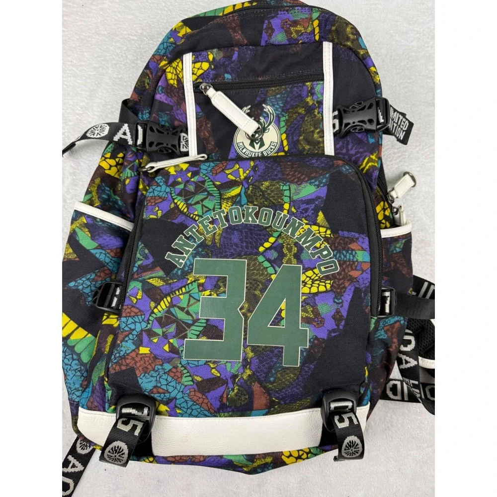 Milwaukee Bucks Giannis Antetokounmpo 34 Backpack NBA Multi Color Geometric Bag